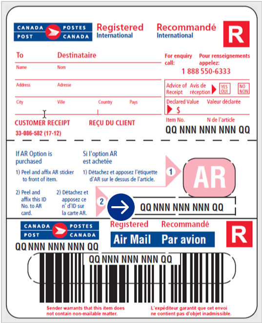 An example of a Registered Mail International counter label with the area circled where the tracking number is located.