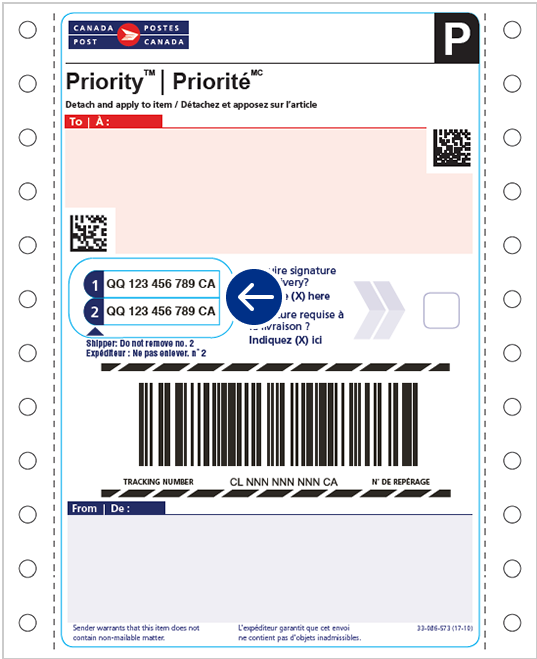 An example of a Priority commercial shipping label with an address. There’s a circle indicating where the tracking numbers are found.