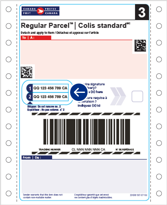 An example of a Regular Parcel commercial shipping label with an address. There’s a circle indicating where the tracking numbers are found.
