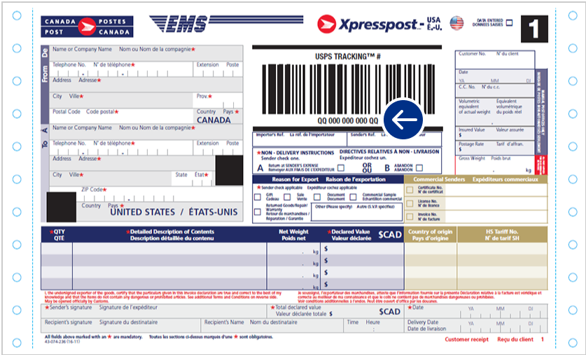 An example of an Xpresspost – USA customer receipt.