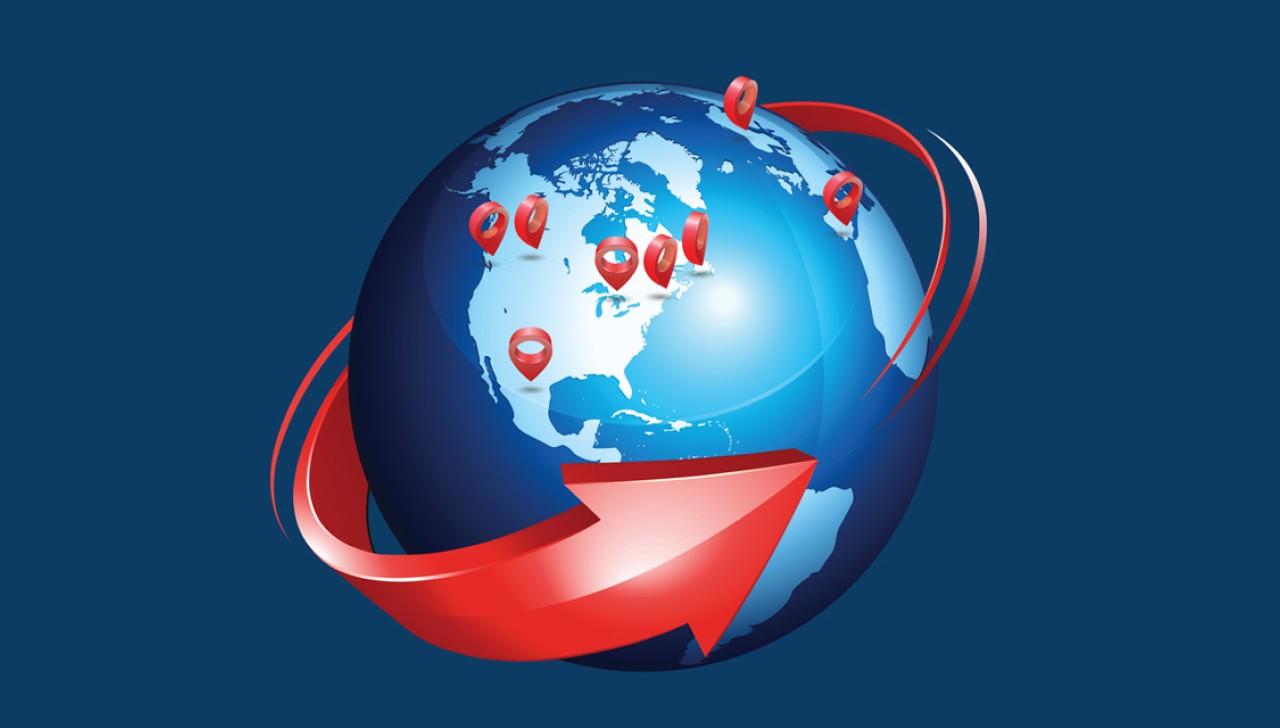 A red arrow wraps around the globe. Several red pins mark locations on the globe, illustrating the speed and global range of MoneyGram.