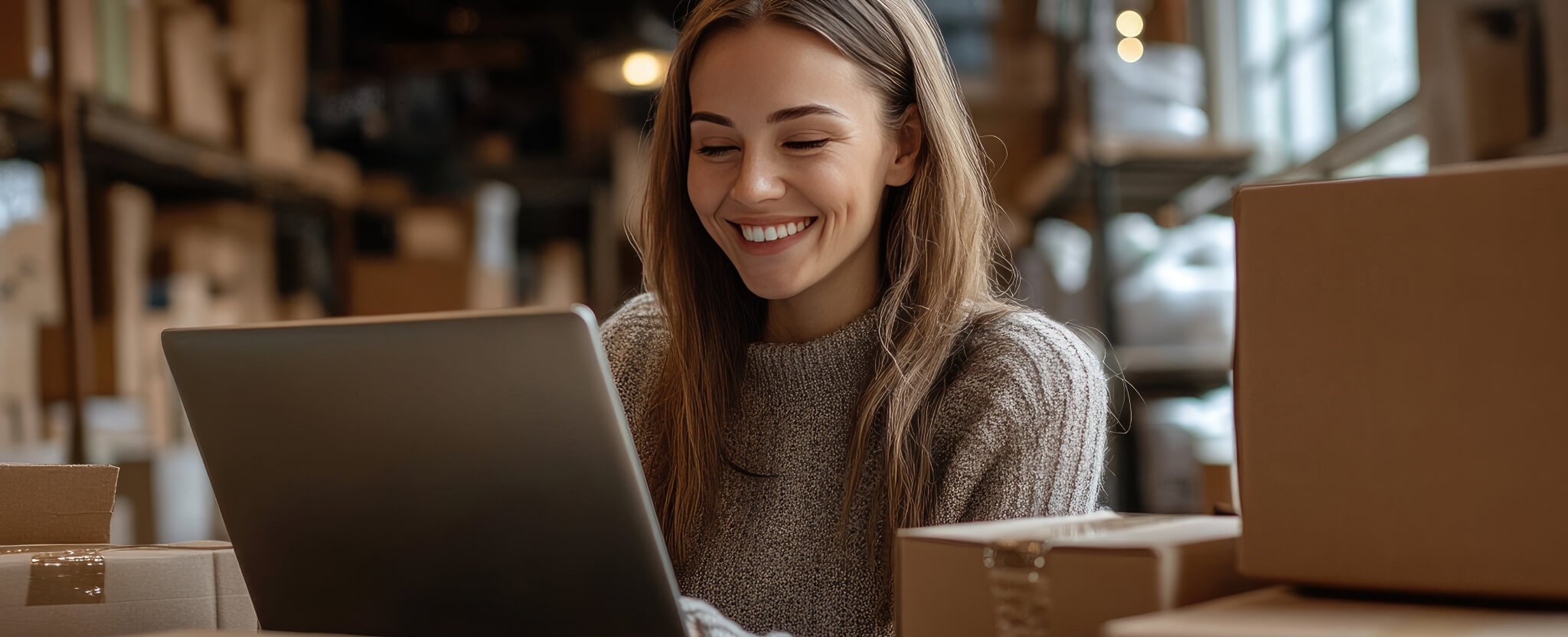 A smiling woman works on a laptop in a warehouse. There are cardboard boxes on the table next to her and in the background.