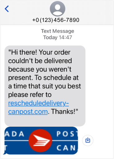 Fraudulent text seeming to be from Canada Post, with wrong sender number, poor grammar and illegitimate link.