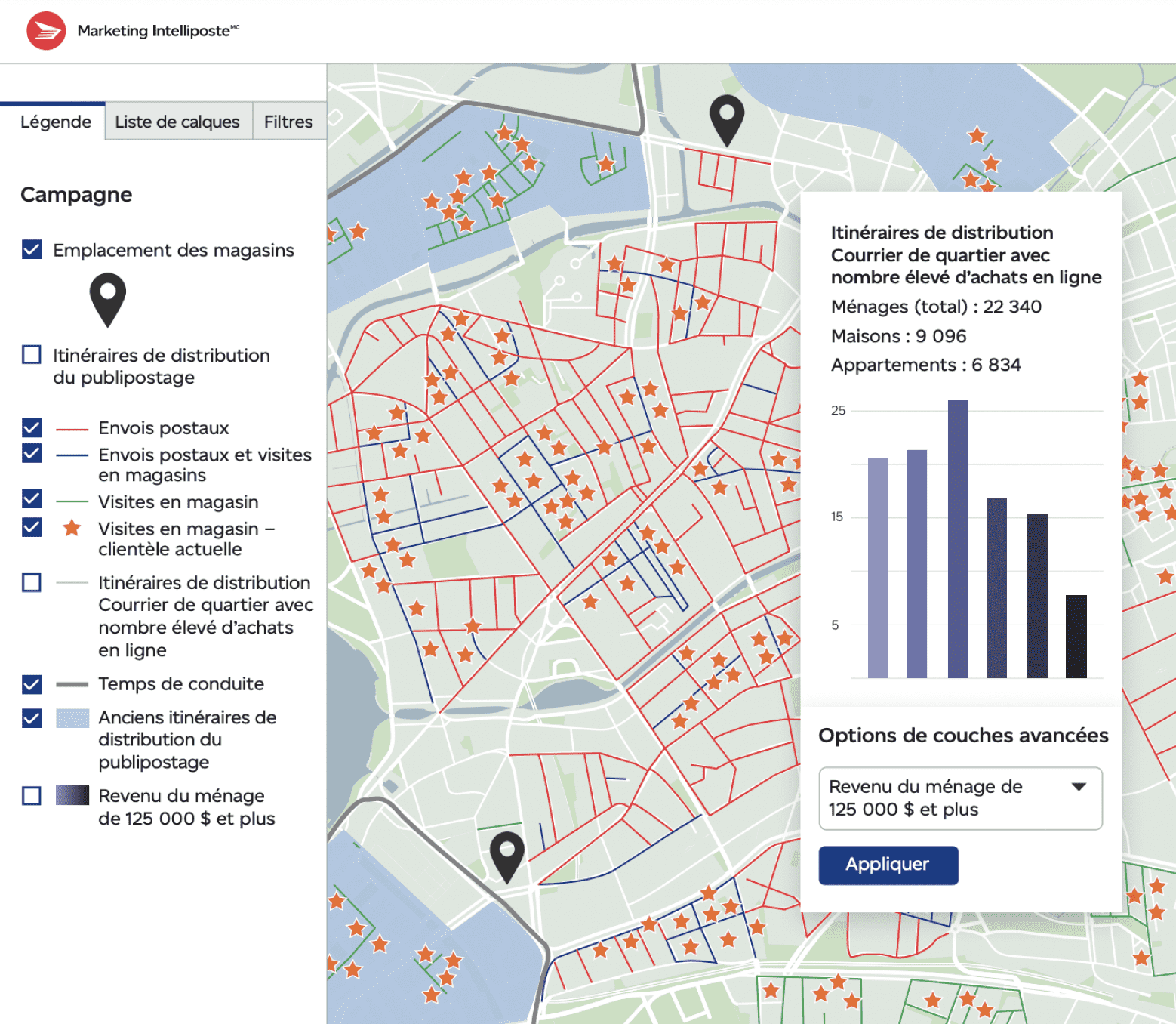 Outil de ciblage des données en ligne avec carte d’un quartier et fonctions avancées de filtrage et de superposition.