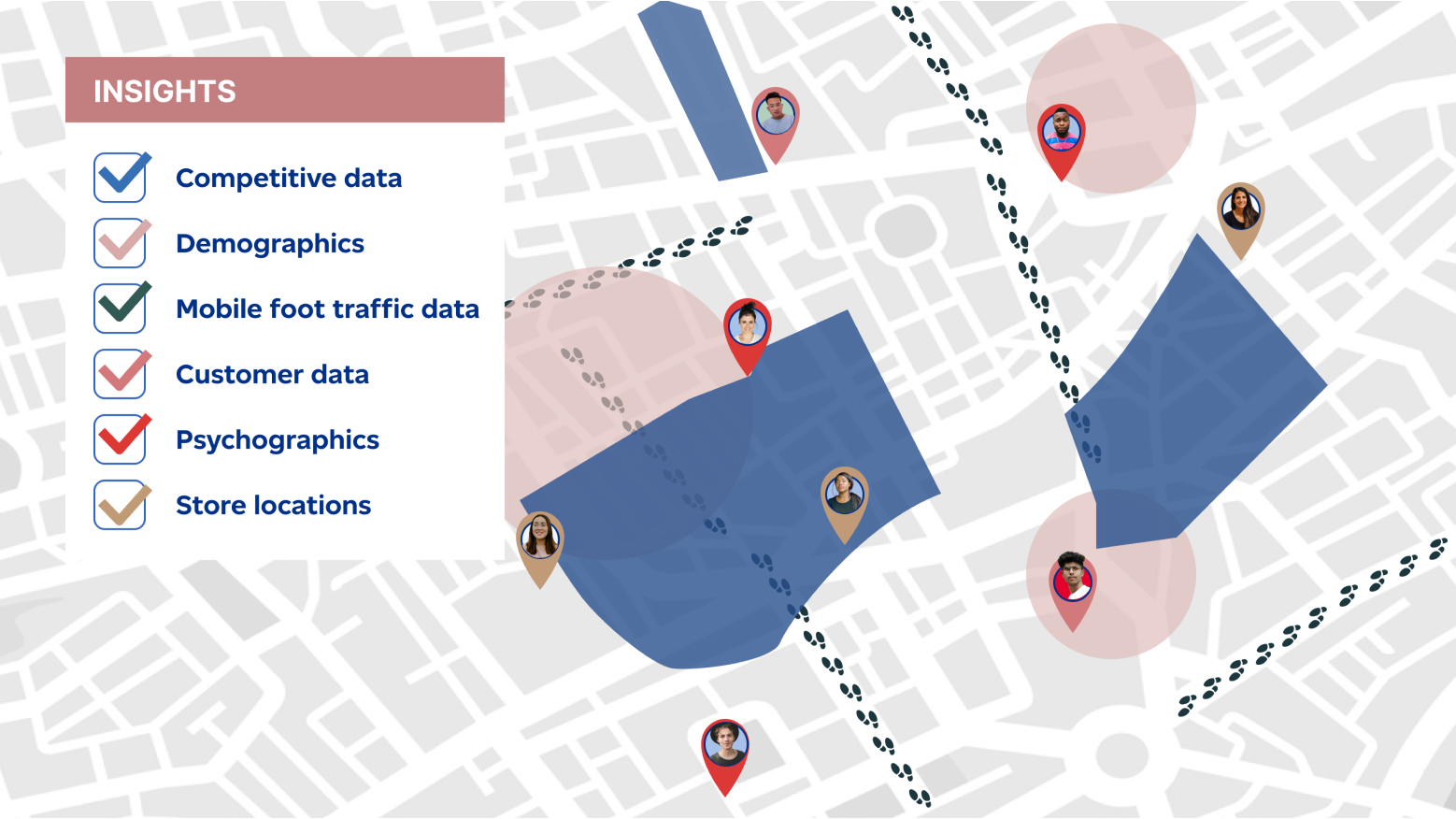 Interactive data map illustration showing potential customers and data insight options for targeting capabilities.