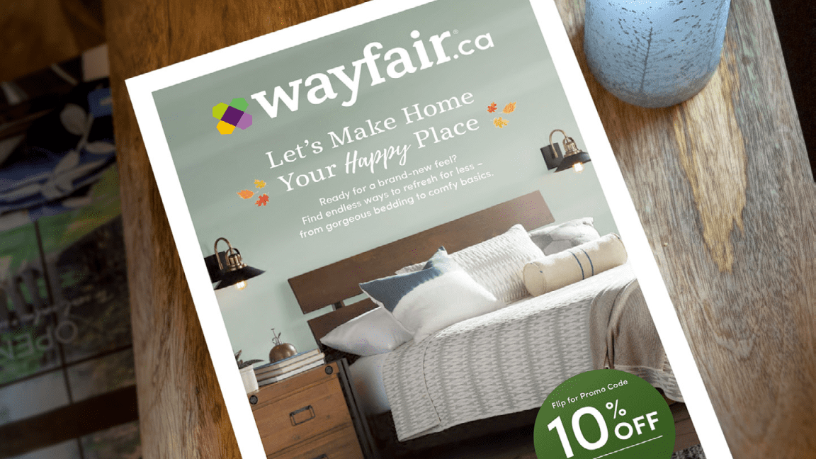 The cover and back of a Wayfair.ca brochure used in a Postal Code Targeting campaign.