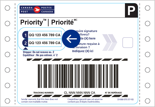 Exemple d’étiquette d’expédition commerciale Priorité sans adresse. Un cercle indique où se trouvent les numéros de repérage.