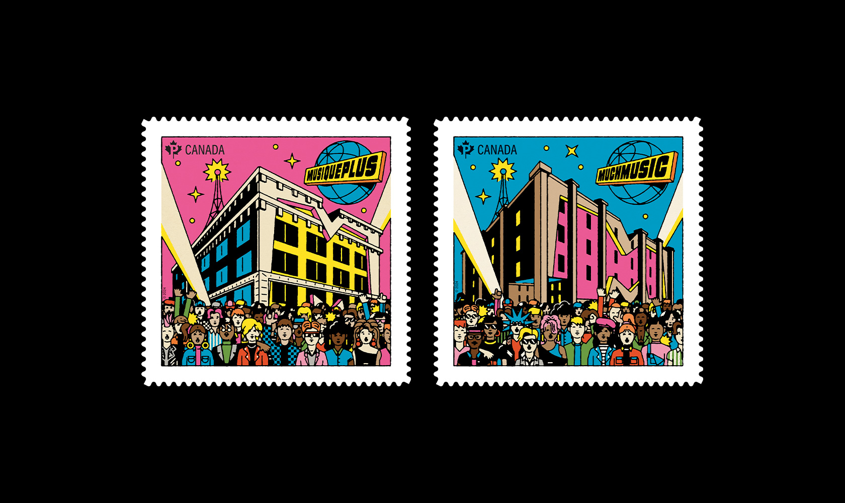 Les timbres de MusiquePlus et de MuchMusic présentent chacun une illustration très colorée de la foule rassemblée à l’extérieur des studios emblématiques de MusiquePlus à Montréal et de MuchMusic à Toronto.